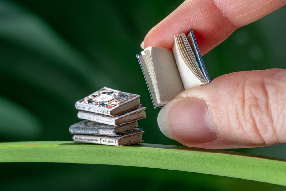 A DIY miniature book held open between two fingers next to a pile of miniature books resting on a plant stem