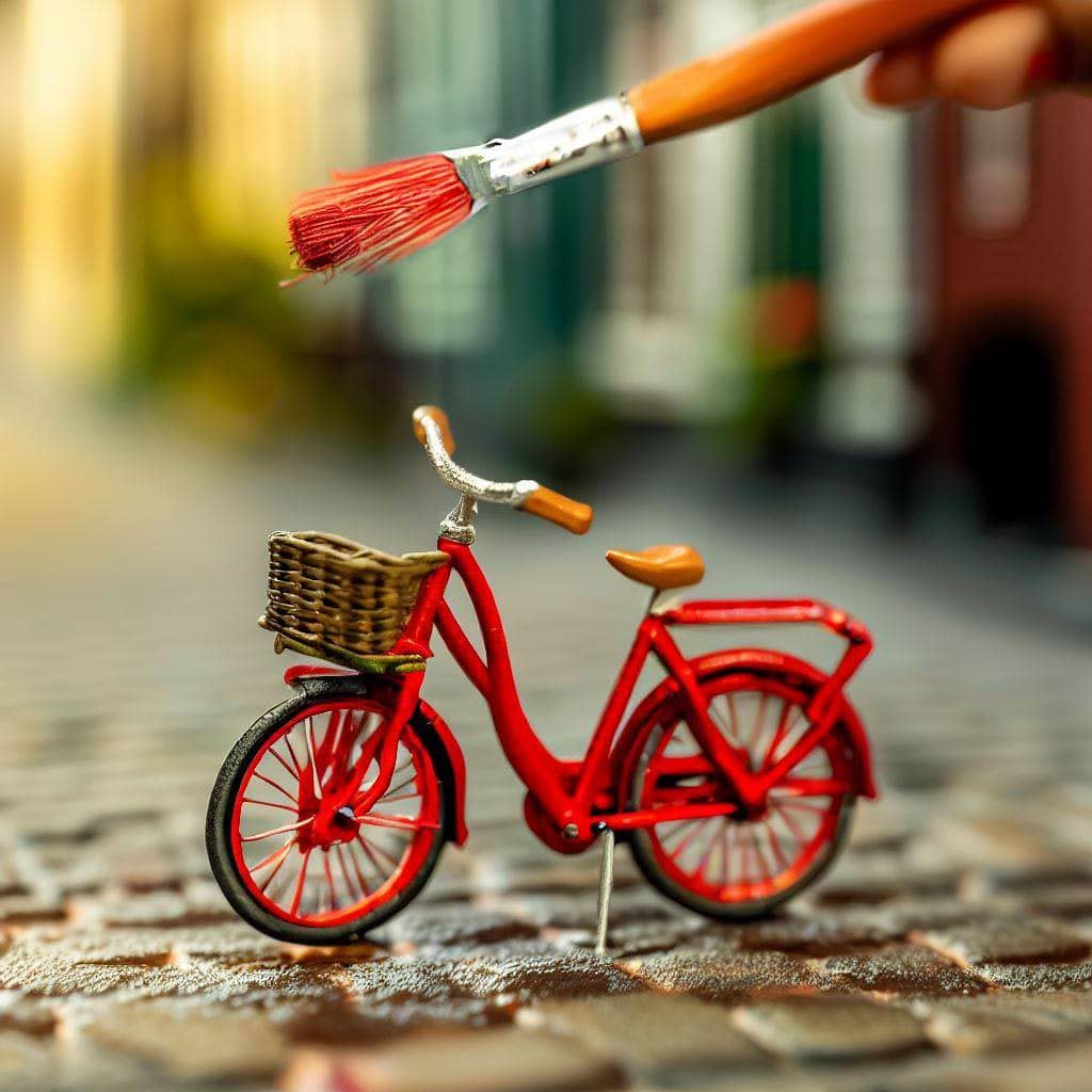 Using miniature paint for miniatures to create a red mini bike with a basket