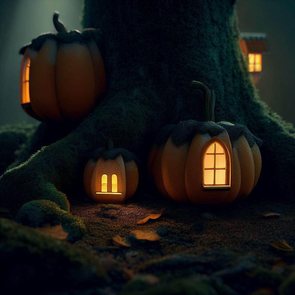 Pumpkin fairy houses on tree Pumpkin fairy houses on a tree