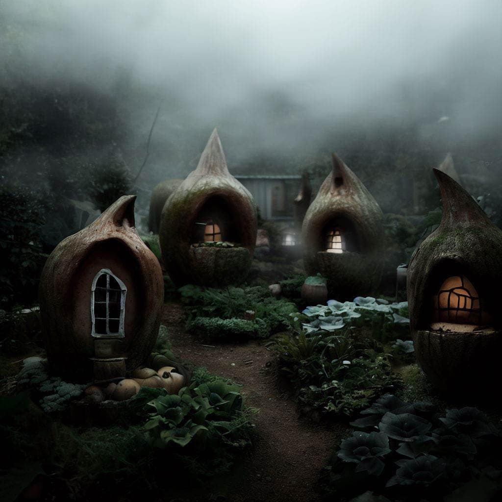 Spooky fairy village Halloween fairy garden in the fog