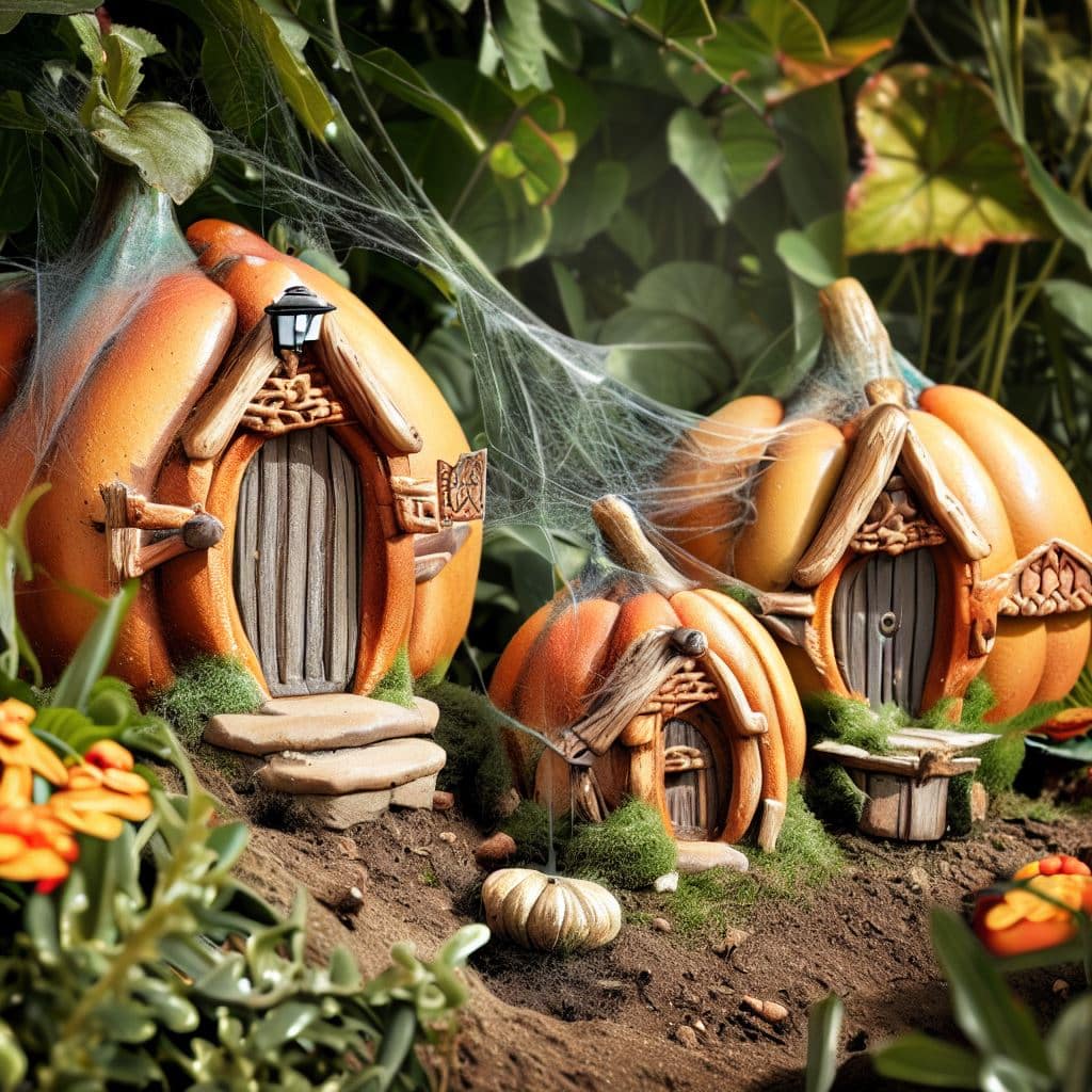 Halloween fairy garden with pumpkin houses and cobwebs