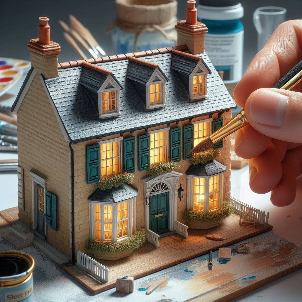 DIY miniature house being made on a crafting table