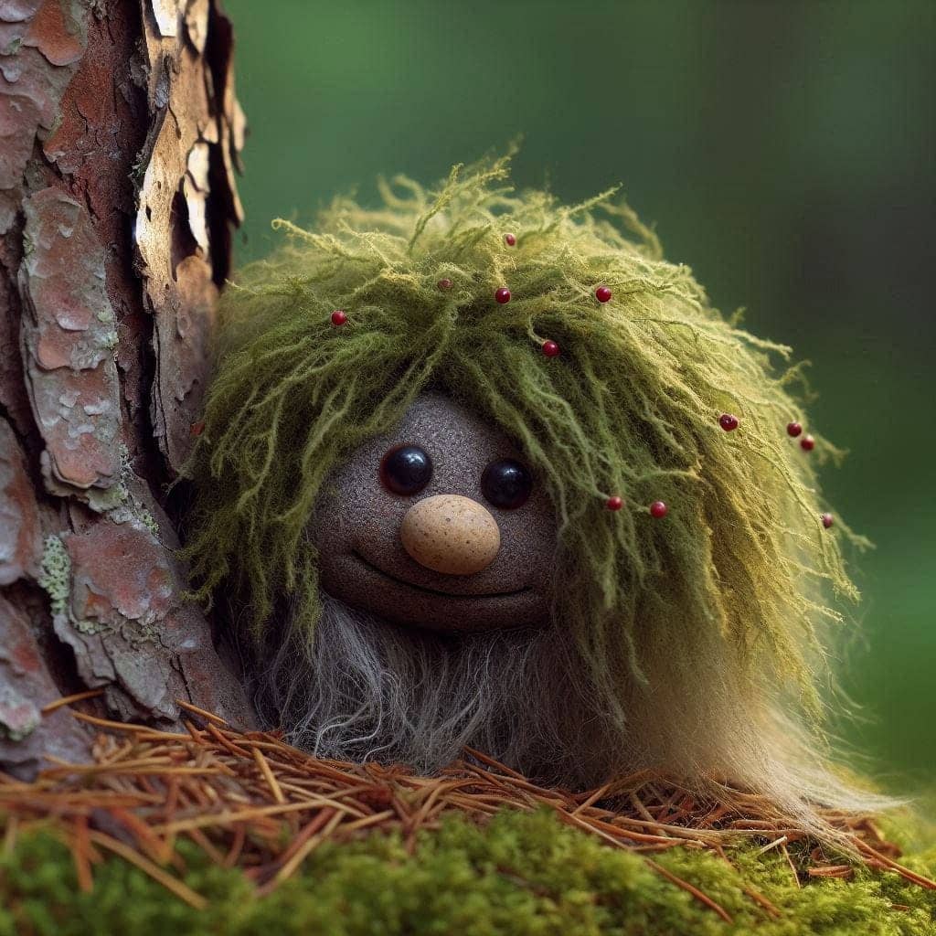 A smiling forest folk troll made with pebbles, horse hair and moss