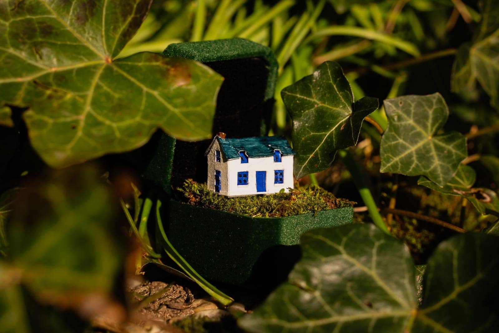 micro white cottage among plants White micro cottage surrounded by garden plants