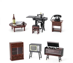 Vintage objects miniature set Set of miniature household objects for a vintage theme (coffee table, sewing machine, telephone, cabinet, tv, radio)