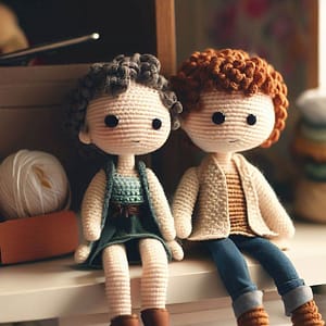 Amigurumi couple sitting An amigurumi doll couple sitting on a table edge