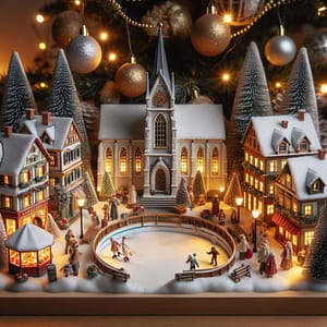 Christmas village with church Snowy miniature village with ice ring and church