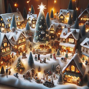 Cozy Christmas village in plateaus Snowy Christmas village on a hill with houses surrounding a big Christmas tree