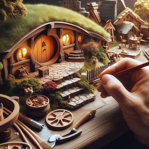 miniature hobbit house craft Hand holding a paint brush next to a miniature hobbit house on a crafting table