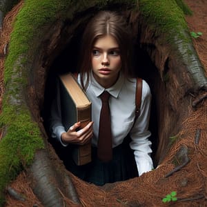 scholar girl in rabbit hole Aimee's avatar, a scholar girl standing in a large rabbit hole in a forest