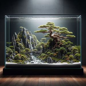 bonsai aquascape with mountain Aquascape with a mountain and a large bonsai tree