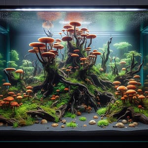 underwater landscape with mushrooms Underwater landscape created in an aquarium with trees, plants and mushrooms