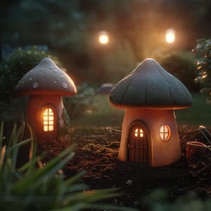 fairy houses with lights after sunset Two mushroom fairy houses lit from within, in a fairy garden in the night