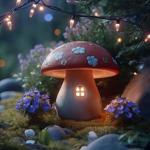 mushroom house with flower cap Mushroom fairy house made with mushroom crafts, having white flowers on a red cap, surrounded by fairy lights at dusk