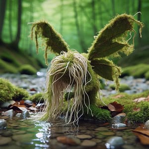 moss fairy at creek A fairy made with leaves and moss, leaning over shallow water