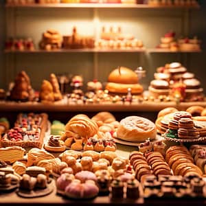 Miniature pastry shop display with many pastries
