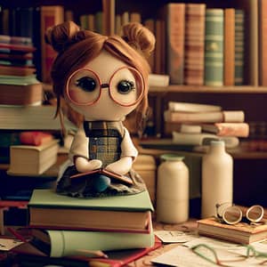 Cotton mini me doll surrounded by books