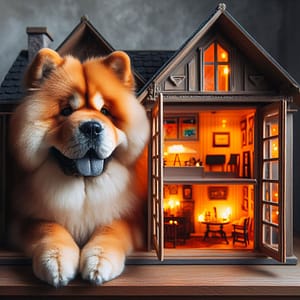 A Chow Chow dog sitting in a standard scale dollhouse